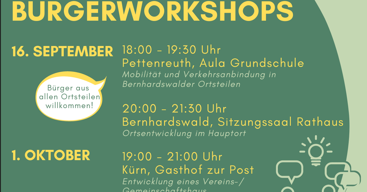 29.08.2024

                                                

                                                ISEK und GEK: Bürgerworkshops am 16. September und 1. Oktober
                                            

                                                

                                                        Arbeiten Sie auch weiter aktiv an den Entwicklungskonzepten mit – Workshops im September und Oktober